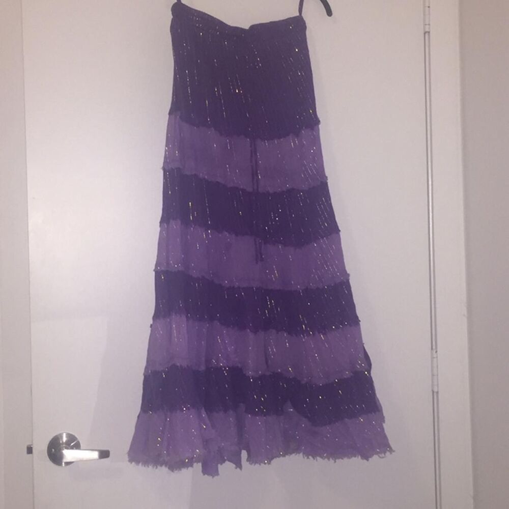 Vintage My Choice Purple Tiered Maxi Skirt Gold Shimmer Stripe Boho Y2K OS
